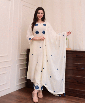 MAITHILI by Vanray – Embroidered Rayon Slub Kurti Set with Chanderi Dupatta _ 3-Piece Party Wear (3)