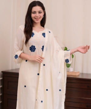 MAITHILI by Vanray – Embroidered Rayon Slub Kurti Set with Chanderi Dupatta _ 3-Piece Party Wear (4)