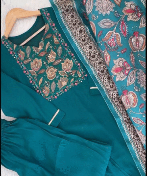 NF3842 Designer Kurti Pant Dupatta Set – Premium Roman Silk with Handwork & Chinon Dupatta (1)