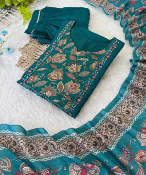 NF3842 Designer Kurti Pant Dupatta Set – Premium Roman Silk with Handwork & Chinon Dupatta (2)