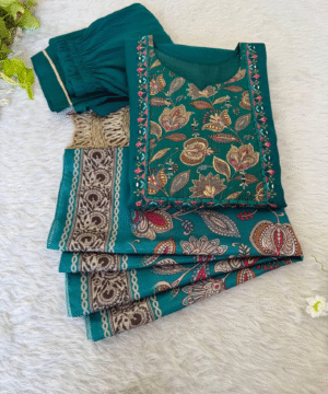 NF3842 Designer Kurti Pant Dupatta Set – Premium Roman Silk with Handwork & Chinon Dupatta (3)