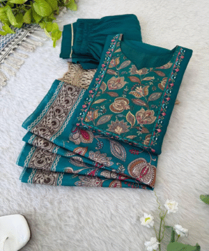NF3842 Designer Kurti Pant Dupatta Set – Premium Roman Silk with Handwork & Chinon Dupatta