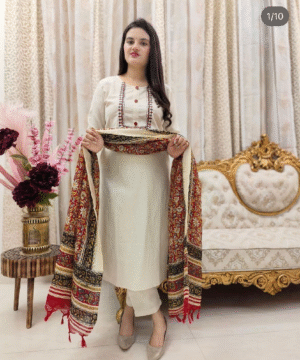 New Designer Khadi Cotton Kurti Pant Dupatta Set with Embroidery & Bhagalpuri Print (2)