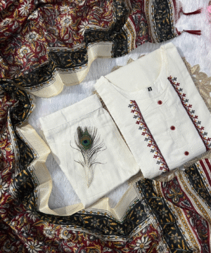 New Designer Khadi Cotton Kurti Pant Dupatta Set with Embroidery & Bhagalpuri Print (7)