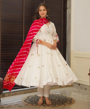 Premium Roman Silk Embroidered Anarkali Suit Set with Nazmin Dupatta & Adjustable Sleeves (3)