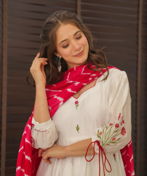 Premium Roman Silk Embroidered Anarkali Suit Set with Nazmin Dupatta & Adjustable Sleeves