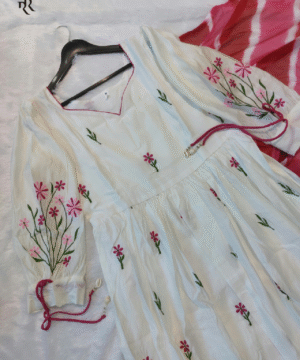 Premium Roman Silk Embroidered Anarkali Suit Set with Nazmin Dupatta & Adjustable Sleeves (4)