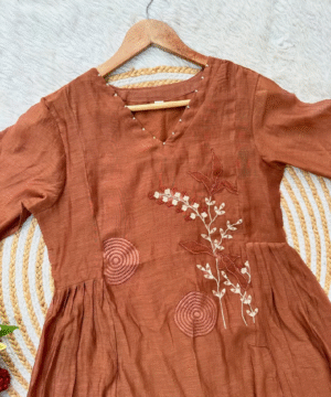 SIZUMI Rust Orange Mul Chanderi Anarkali Suit Set with Handwork & Silk Bottom (2)