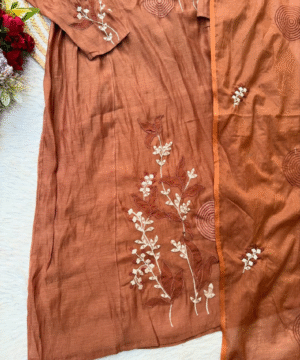 SIZUMI Rust Orange Mul Chanderi Anarkali Suit Set with Handwork & Silk Bottom