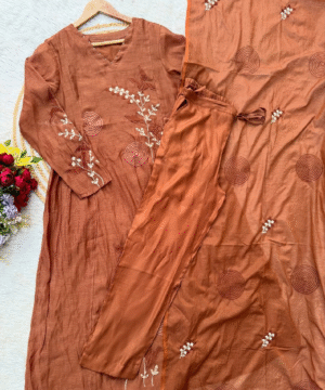 SIZUMI Rust Orange Mul Chanderi Anarkali Suit Set with Handwork & Silk Bottom (5)