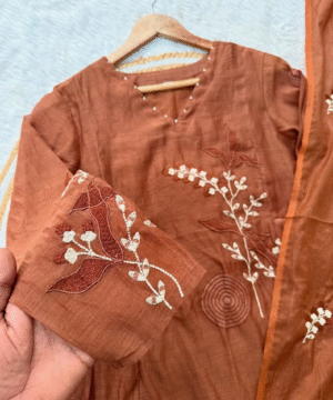 SIZUMI Rust Orange Mul Chanderi Anarkali Suit Set with Handwork & Silk Bottom (6)