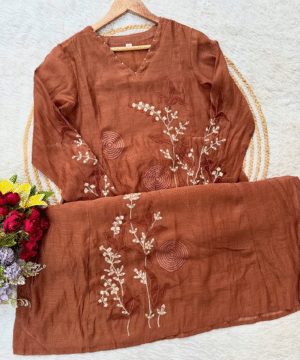 SIZUMI Rust Orange Mul Chanderi Anarkali Suit Set with Handwork & Silk Bottom (7)