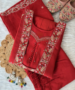 Designer Anarkali Kurti Pant Dupatta Set in Premium Vartican Silk – Handwork & Embroidery _ NF5465 (1)