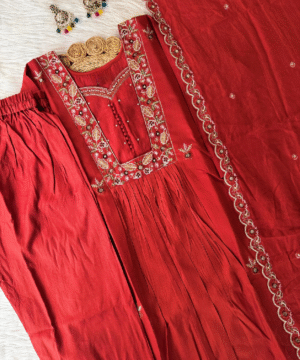 Designer Anarkali Kurti Pant Dupatta Set in Premium Vartican Silk – Handwork & Embroidery _ NF5465 (3)