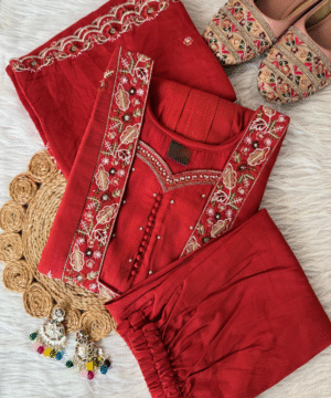 Designer Anarkali Kurti Pant Dupatta Set in Premium Vartican Silk – Handwork & Embroidery _ NF5465