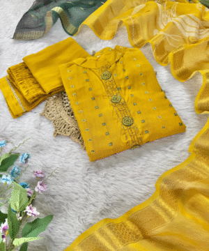 Designer Jacquard Cotton Kurti Pant Dupatta Set with Handwork – NF4956