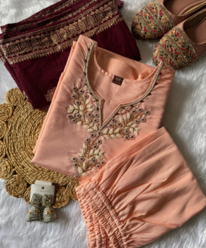 Designer Roman Silk Kurti Pant Set with Banarasi Dupatta & Pearl Handwork – NF5655 (1)