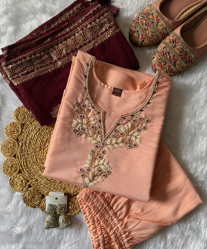 Designer Roman Silk Kurti Pant Set with Banarasi Dupatta & Pearl Handwork – NF5655 (2)