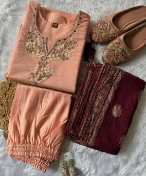 Designer Roman Silk Kurti Pant Set with Banarasi Dupatta & Pearl Handwork – NF5655