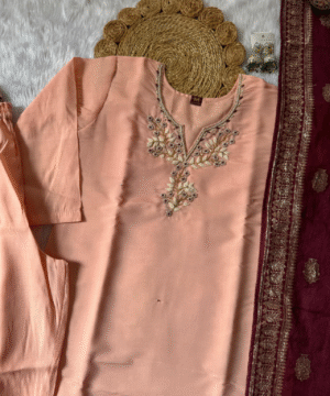 Designer Roman Silk Kurti Pant Set with Banarasi Dupatta & Pearl Handwork – NF5655 (4)