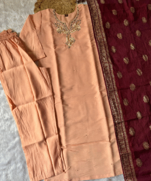 Designer Roman Silk Kurti Pant Set with Banarasi Dupatta & Pearl Handwork – NF5655 (5)