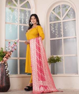 Designer Roman Silk Kurti Pant Set with Jacquard Dupatta – NF3095 (2)