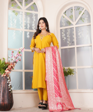 Designer Roman Silk Kurti Pant Set with Jacquard Dupatta – NF3095