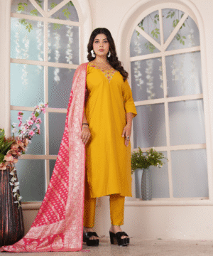 Designer Roman Silk Kurti Pant Set with Jacquard Dupatta – NF3095 (4)