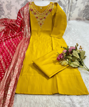 Designer Roman Silk Kurti Pant Set with Jacquard Dupatta – NF3095 (6)