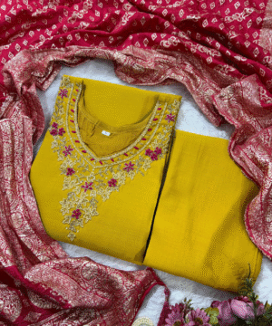 Designer Roman Silk Kurti Pant Set with Jacquard Dupatta – NF3095 (8)