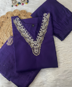 Designer Roman Silk Kurti Set with Handwork & Organza Dupatta – NF4397 (1)