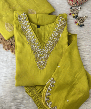 Designer Roman Silk Kurti Set with Handwork & Organza Dupatta – NF4397 (2)