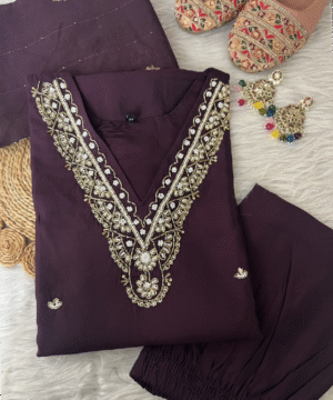 Designer Roman Silk Kurti Set with Handwork & Organza Dupatta – NF4397 (3)