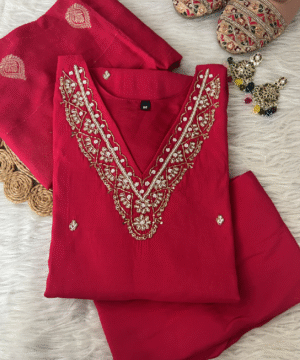 Designer Roman Silk Kurti Set with Handwork & Organza Dupatta – NF4397 (4)