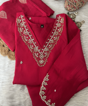 Designer Roman Silk Kurti Set with Handwork & Organza Dupatta – NF4397 (5)