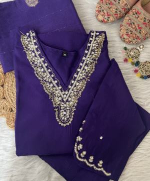 Designer Roman Silk Kurti Set with Handwork & Organza Dupatta – NF4397 (6)