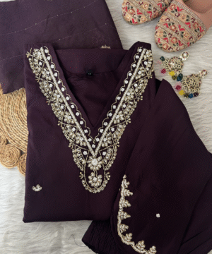 Designer Roman Silk Kurti Set with Handwork & Organza Dupatta – NF4397 (7)