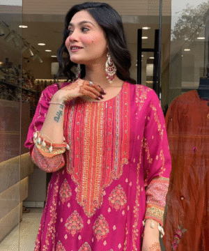 Pakistani Reshmi Pink Suit Set in Diamond Silk with Schiffli & Handwork – 4-Piece Festive Set _ NF5943 (1)