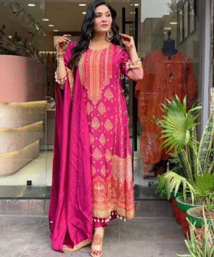 Pakistani Reshmi Pink Suit Set in Diamond Silk with Schiffli & Handwork – 4-Piece Festive Set _ NF5943 (13)