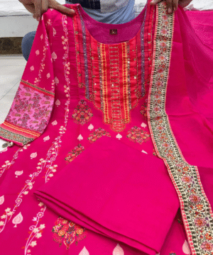 Pakistani Reshmi Pink Suit Set in Diamond Silk with Schiffli & Handwork – 4-Piece Festive Set _ NF5943 (14)