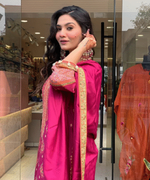 Pakistani Reshmi Pink Suit Set in Diamond Silk with Schiffli & Handwork – 4-Piece Festive Set _ NF5943 (2)