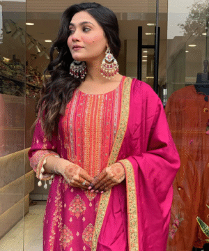 Pakistani Reshmi Pink Suit Set in Diamond Silk with Schiffli & Handwork – 4-Piece Festive Set _ NF5943