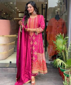 Pakistani Reshmi Pink Suit Set in Diamond Silk with Schiffli & Handwork – 4-Piece Festive Set _ NF5943 (9)