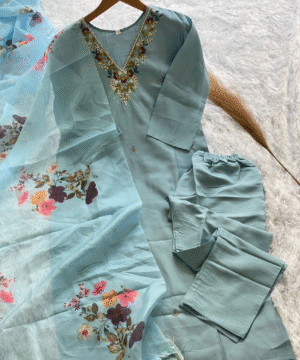 Premium Roman Silk Handwork Kurta Set with Digital Print Organza Dupatta – NF2884 (2)