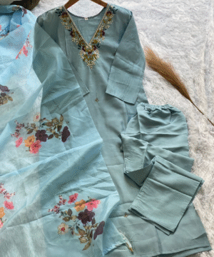 Premium Roman Silk Handwork Kurta Set with Digital Print Organza Dupatta – NF2884 (4)