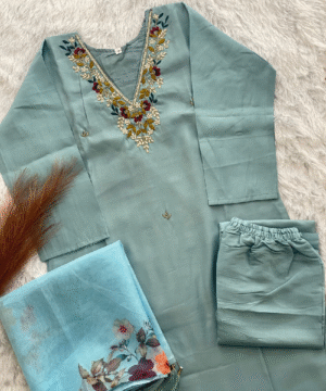 Premium Roman Silk Handwork Kurta Set with Digital Print Organza Dupatta – NF2884 (6)