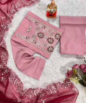 Wedding Collection_ Handwork Muslin Kurti Set with Organza Dupatta – NF3883 (6)