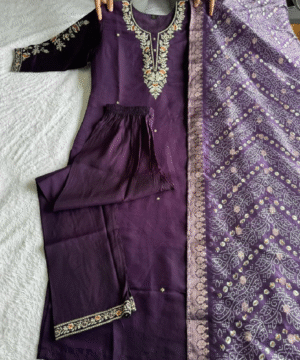Dark Purple Roman Silk Designer Kurti Set with Embroidery & Lichi Silk Jacquard Dupatta – NF6057 (1)