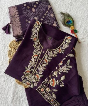 Dark Purple Roman Silk Designer Kurti Set with Embroidery & Lichi Silk Jacquard Dupatta – NF6057 (2)