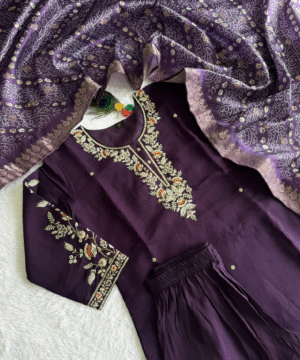 Dark Purple Roman Silk Designer Kurti Set with Embroidery & Lichi Silk Jacquard Dupatta – NF6057 (3)